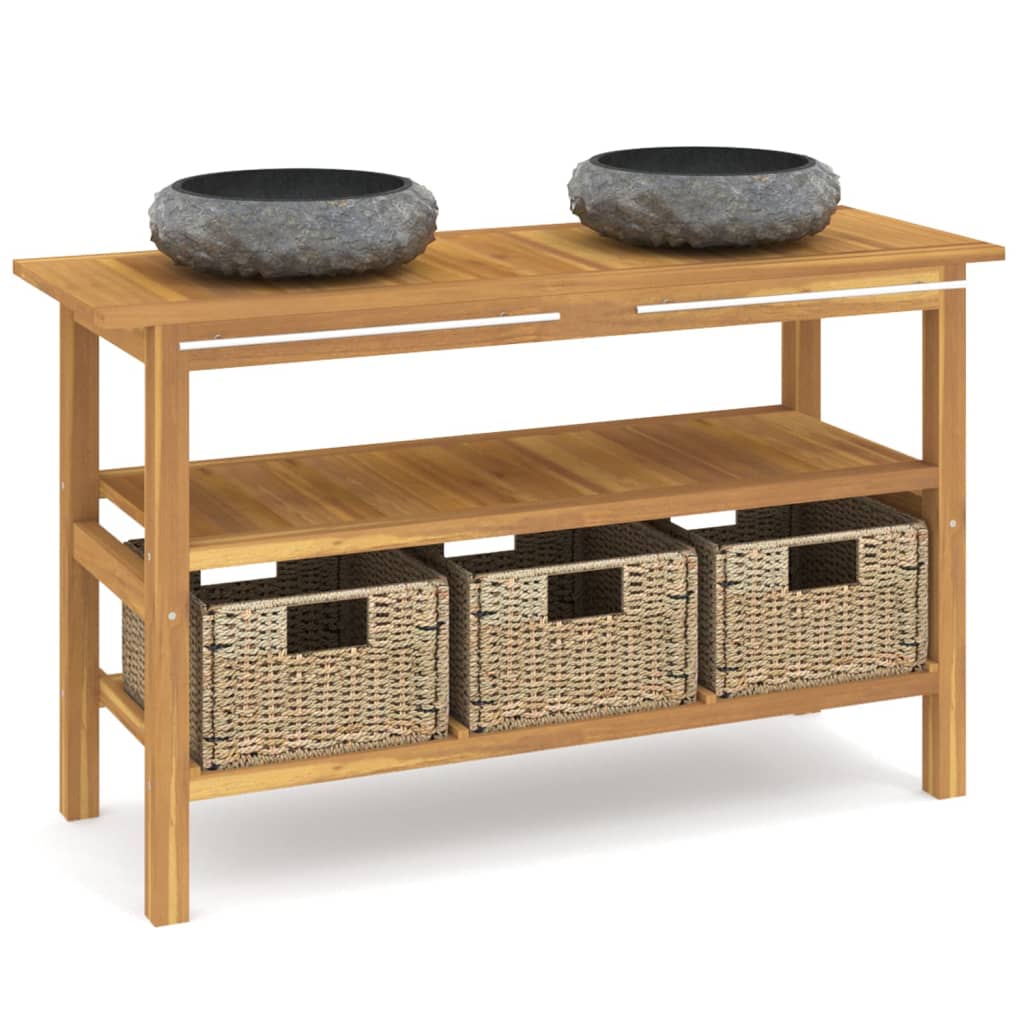 Vanity Cabinet With Sink Black, Teak Teak Wood, Marble, Seagrass