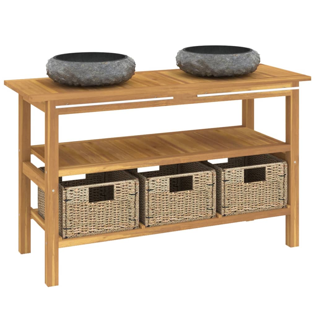 Vanity Cabinet With Sink Black, Teak Teak Wood, Marble, Seagrass