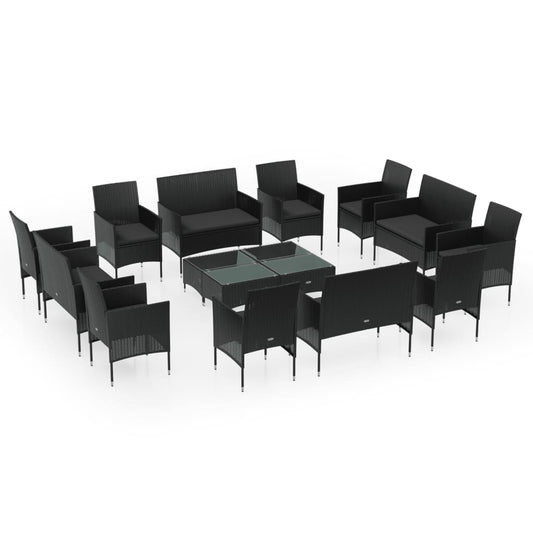 Garden Lounge Set Black PE rattan, powder-coated steel, glass Large
