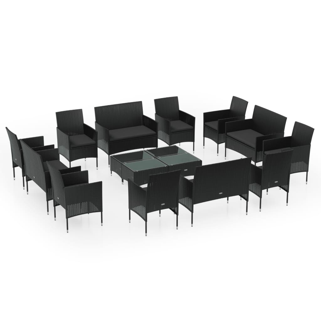 Garden Lounge Set Black PE rattan, powder-coated steel, glass Large