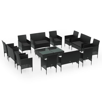 Garden Lounge Set Black PE rattan, powder-coated steel, glass Large