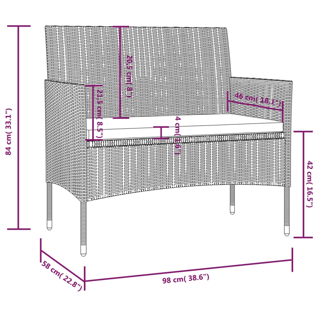 Garden Lounge Set Black PE rattan, powder-coated steel, glass Large