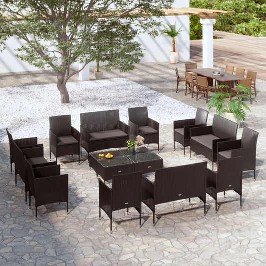 Garden Lounge Set Black PE rattan, powder-coated steel, glass Large