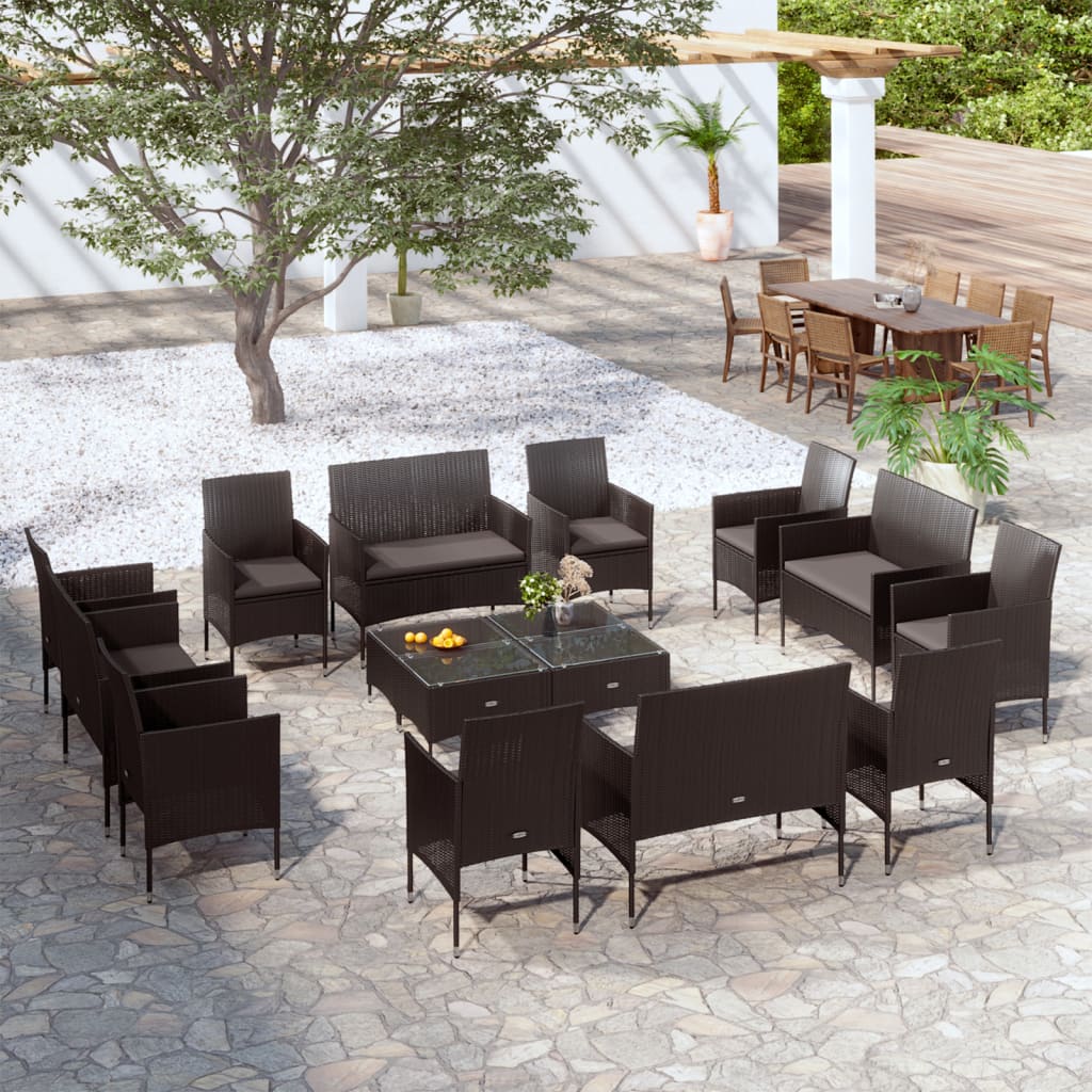 Garden Lounge Set Black PE rattan, powder-coated steel, glass Large