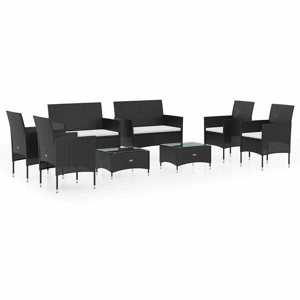 Garden Lounge Set Black PE rattan, powder-coated steel, glass