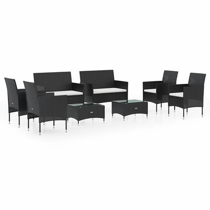 Garden Lounge Set Black PE rattan, powder-coated steel, glass