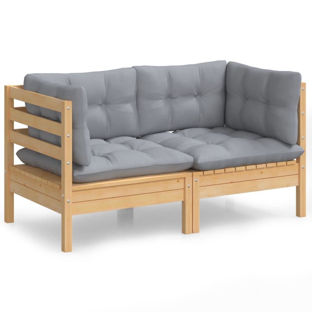 2-seater Garden Sofa Grey Solid pine wood, 100% polyester fabric