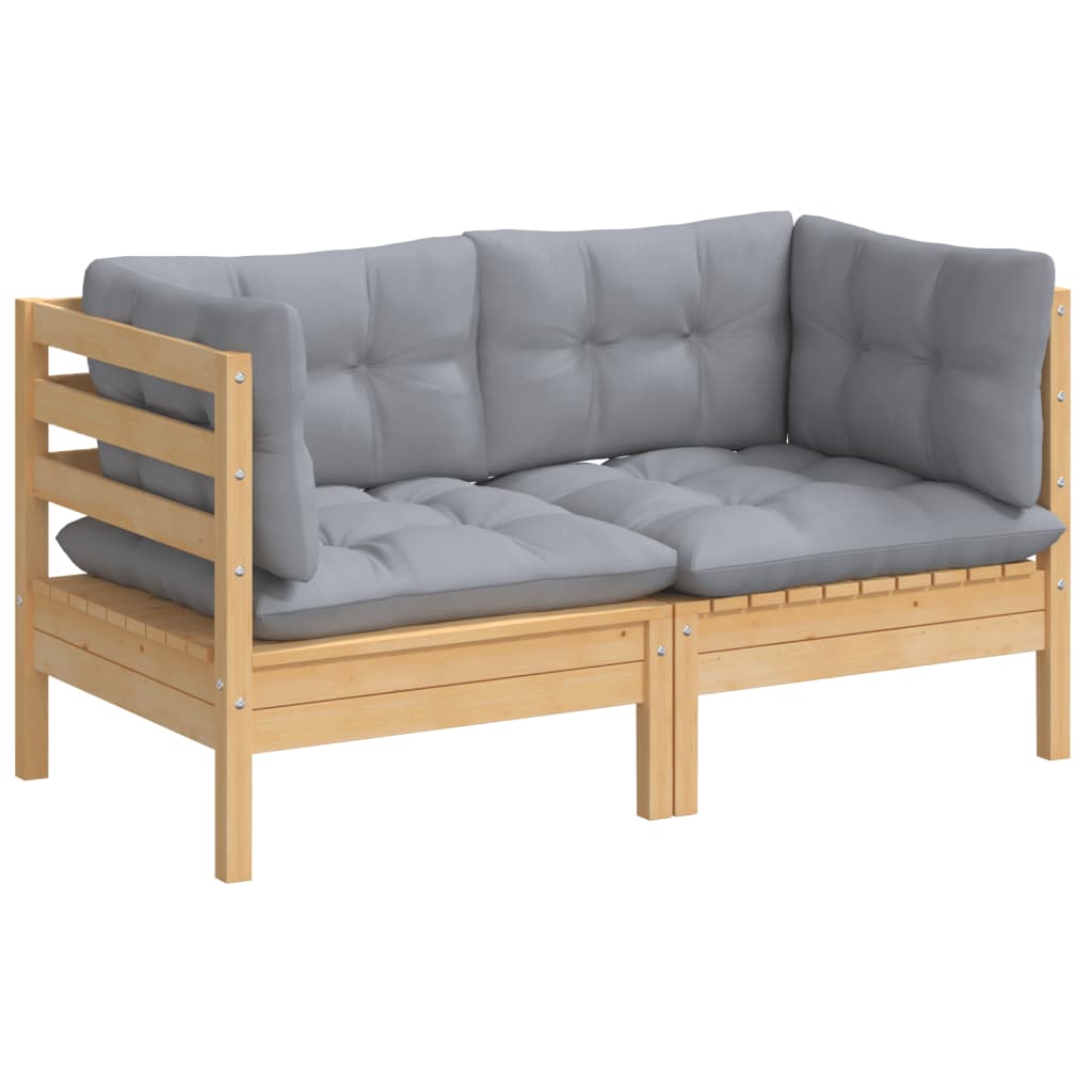 2-seater Garden Sofa Grey Solid pine wood, 100% polyester fabric
