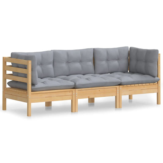 3-seater Garden Sofa Grey Cushion, Pine Wood