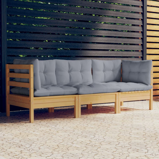 3-seater Garden Sofa Grey Cushion, Pine Wood
