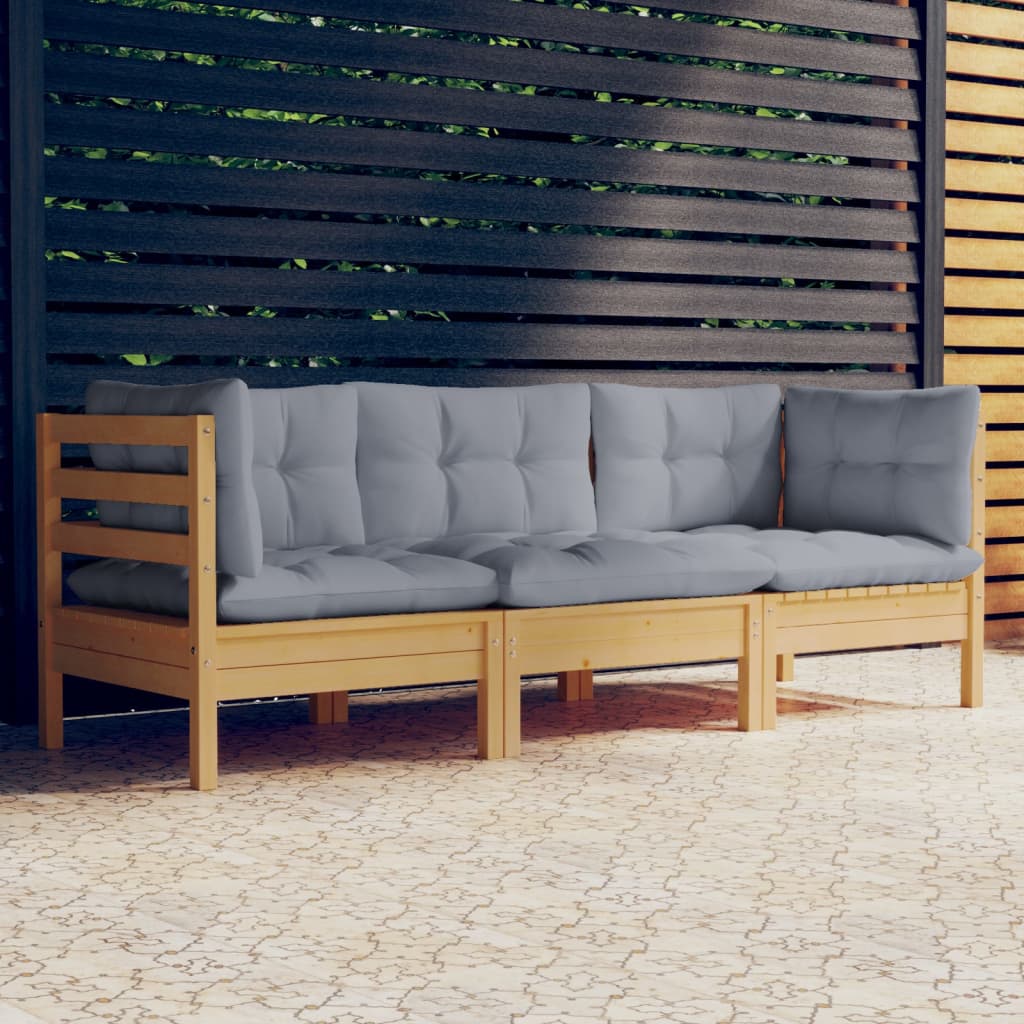 3-seater Garden Sofa Grey Cushion, Pine Wood