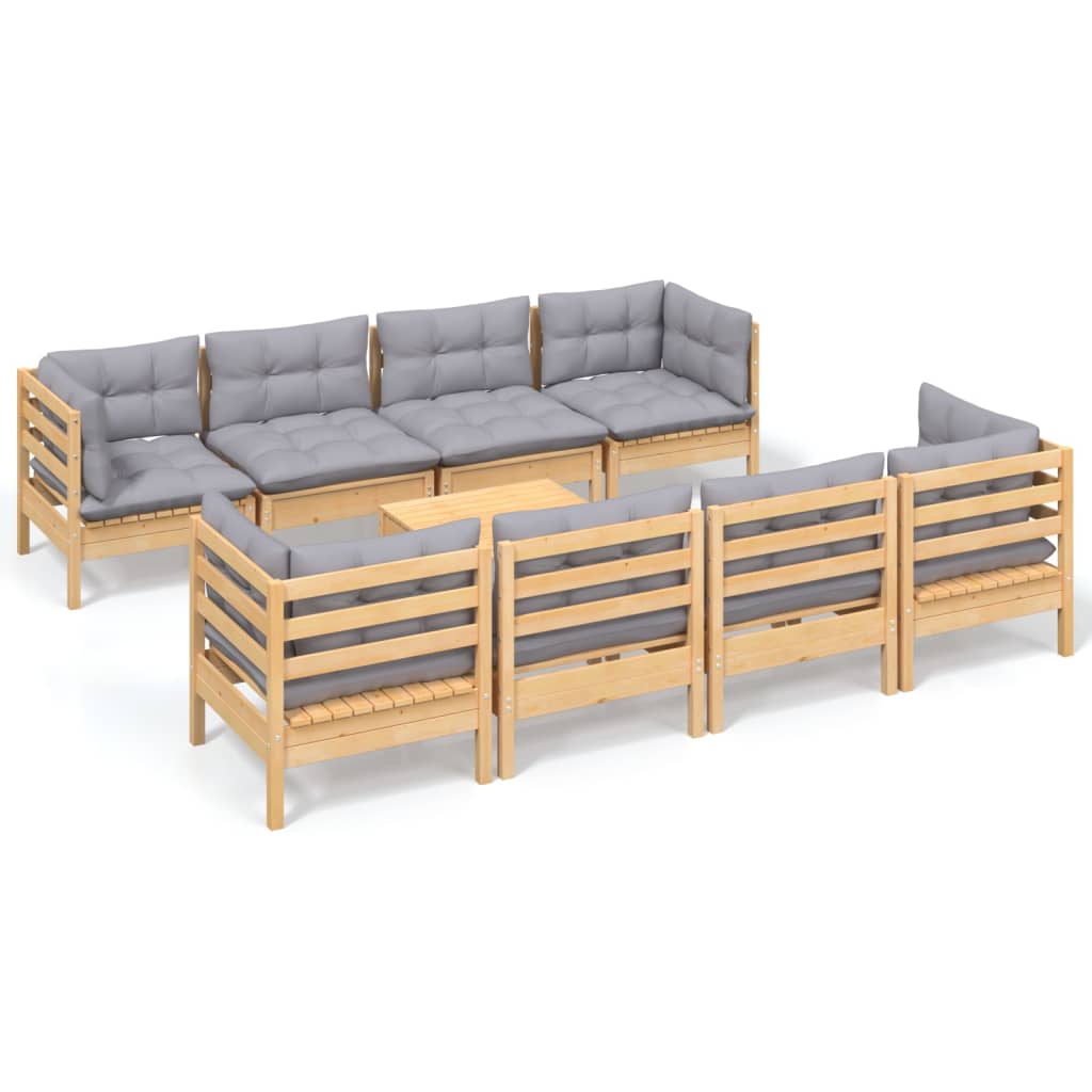 Garden Lounge Set Grey, Natural Wood Solid Pinewood, 100% Polyester