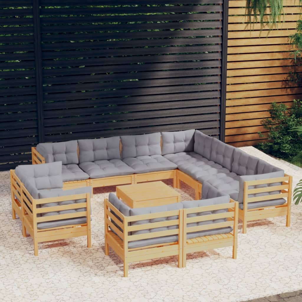 Garden Lounge Set Grey cushions, natural pine wood