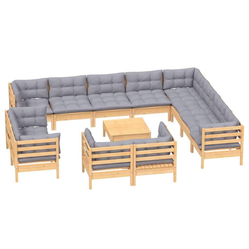 Garden Lounge Set Grey and Pine Solid Pinewood, Polyester fabric