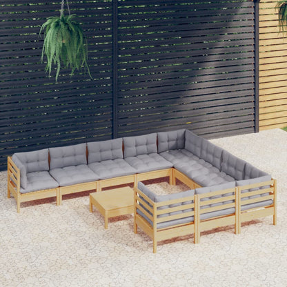 Garden Lounge Set Grey Solid pinewood, 100% polyester Medium