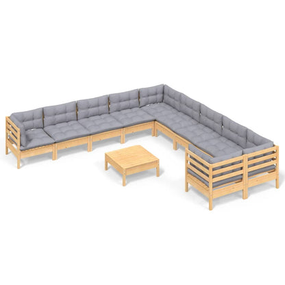 Garden Lounge Set Grey Solid pine wood, 100% polyester fabric