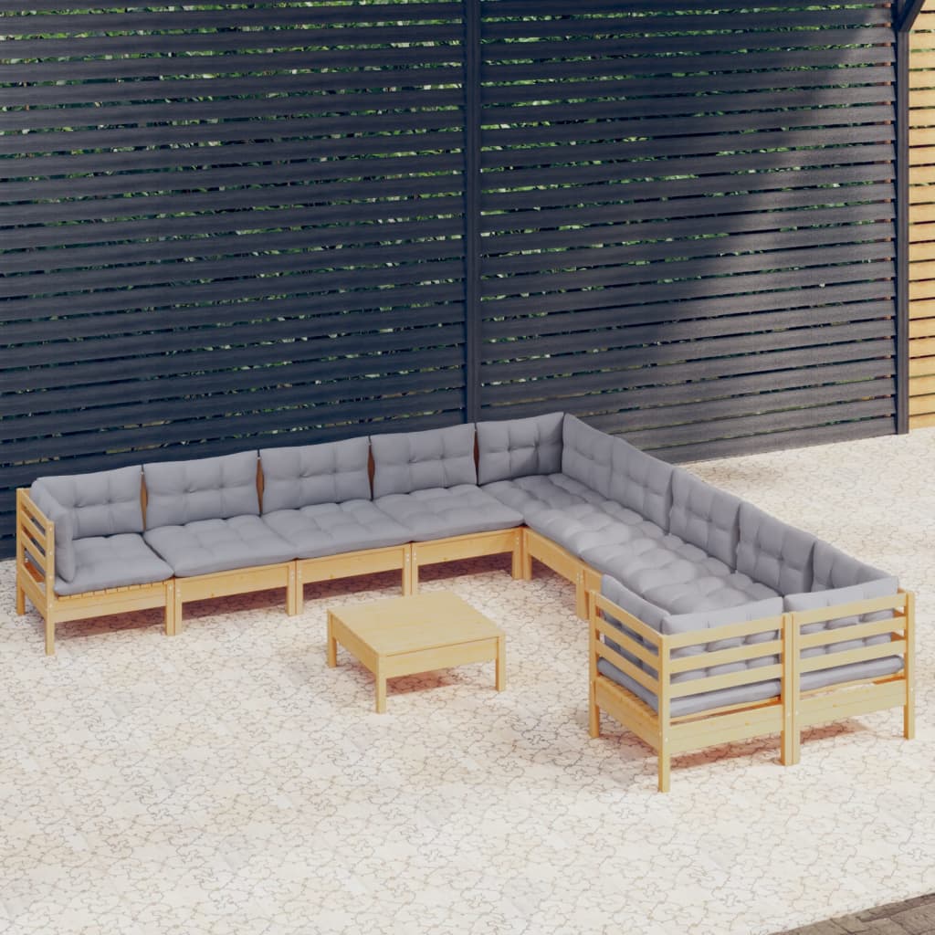 Garden Lounge Set Grey Solid pine wood, 100% polyester fabric