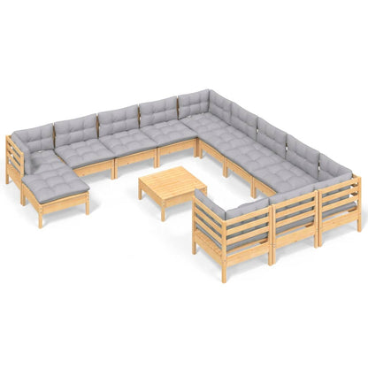 Garden Lounge Set Gray, Natural Wood Solid Pine Wood, Polyester
