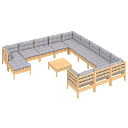 Garden Lounge Set Gray, Natural Wood Solid Pine Wood, Polyester