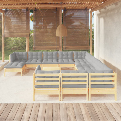 Garden Lounge Set Gray, Natural Wood Solid Pine Wood, Polyester