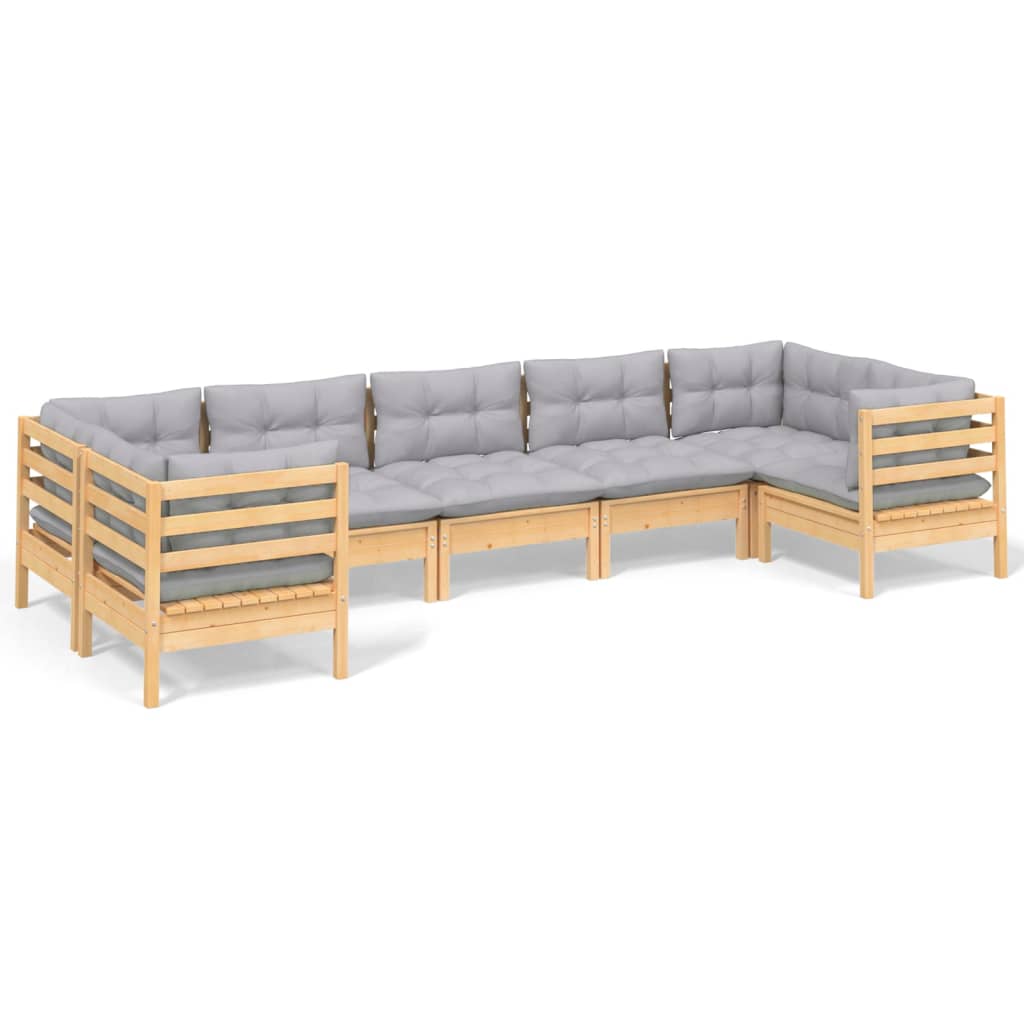 Garden Lounge Set Gray Solid pine wood, 100% polyester 7 Piece Set