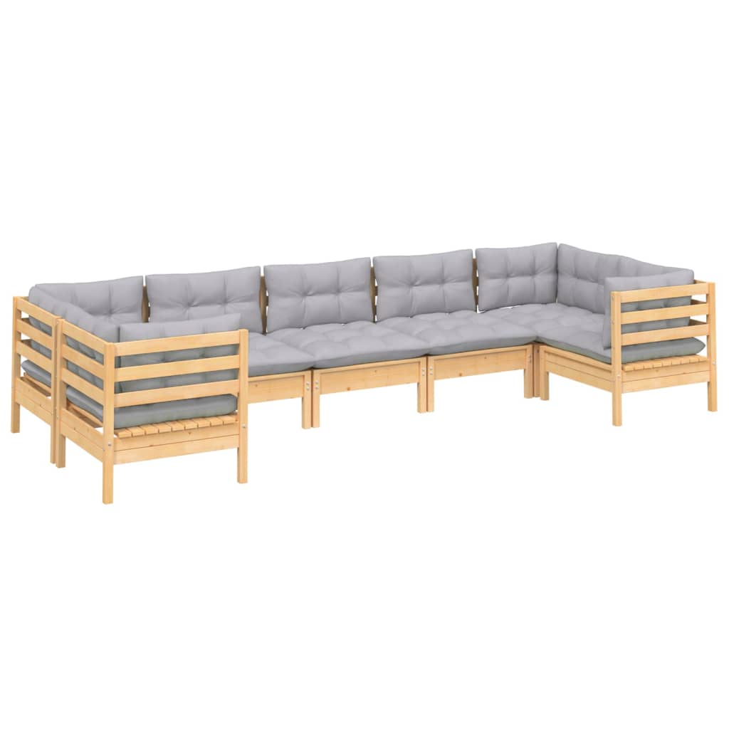 Garden Lounge Set Gray Solid pine wood, 100% polyester 7 Piece Set