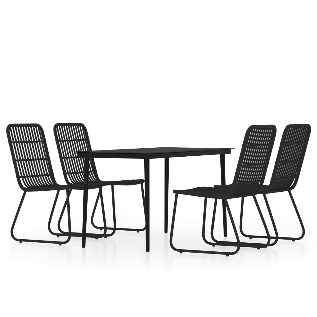 Dining Set Black Powder-coated steel, glass, PE rattan