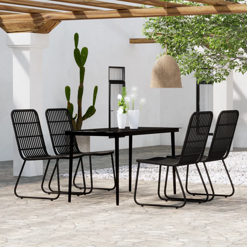 Dining Set Black Powder-coated steel, glass, PE rattan