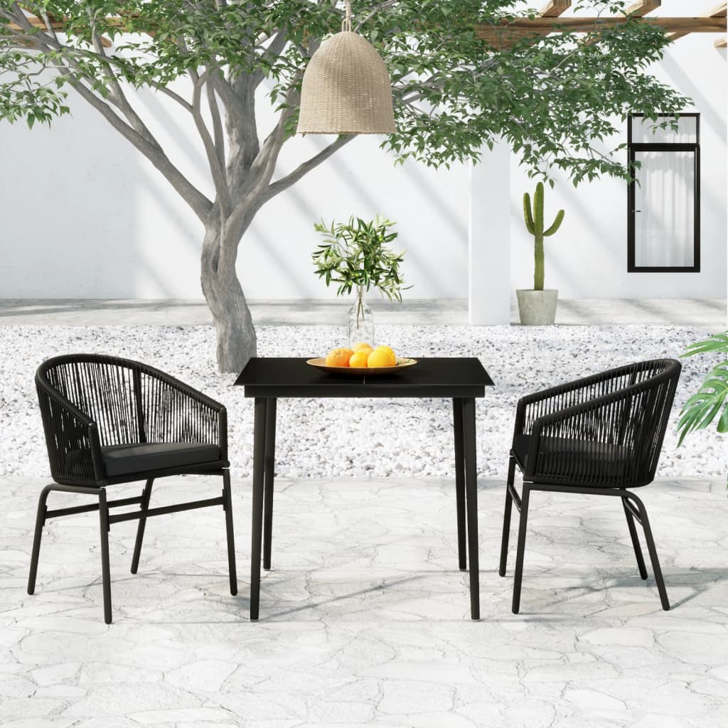 Garden Dining Set Black Powder-coated steel, glass, PVC rattan