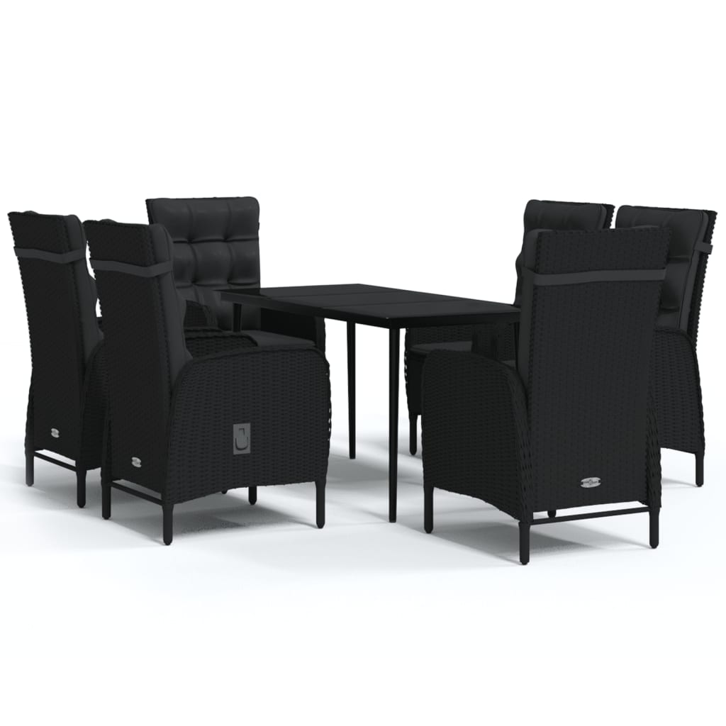 Garden Dining Set Black PE Rattan, Powder-Coated Steel, Glass Large