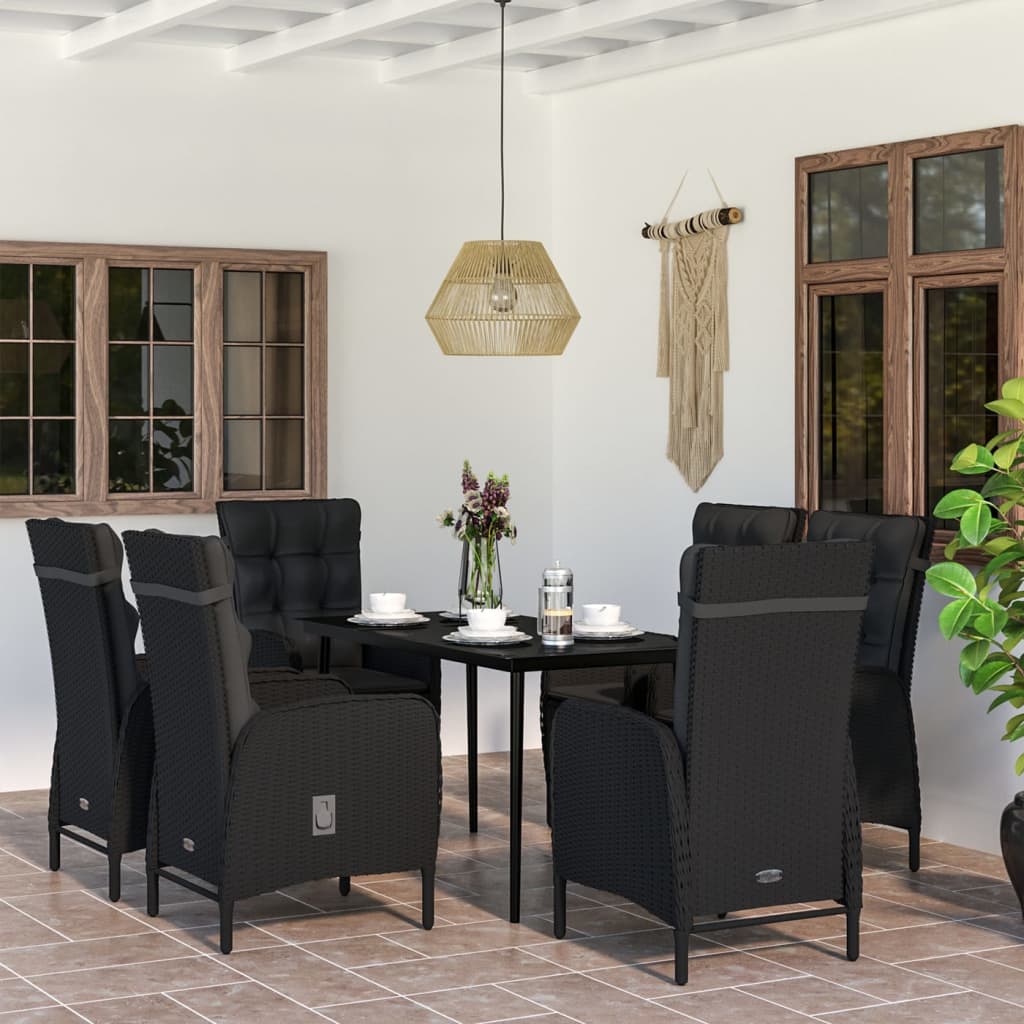 Garden Dining Set Black PE Rattan, Powder-Coated Steel, Glass Large