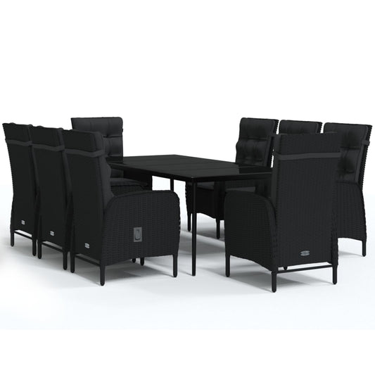 Garden Dining Set Black PE rattan, powder-coated steel, glass Large