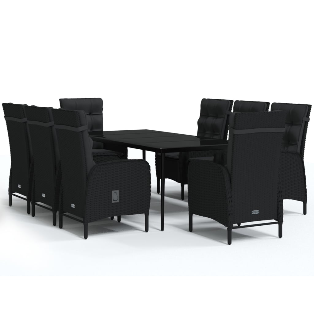 Garden Dining Set Black PE rattan, powder-coated steel, glass Large