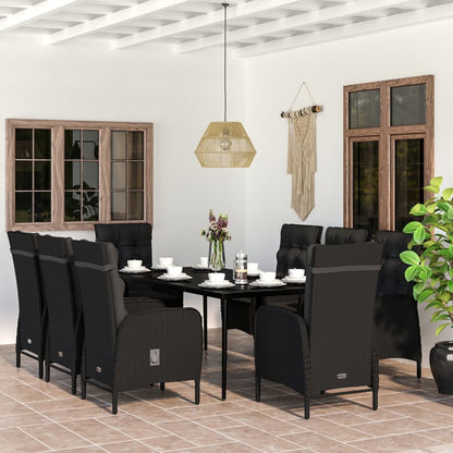 Garden Dining Set Black PE rattan, powder-coated steel, glass Large