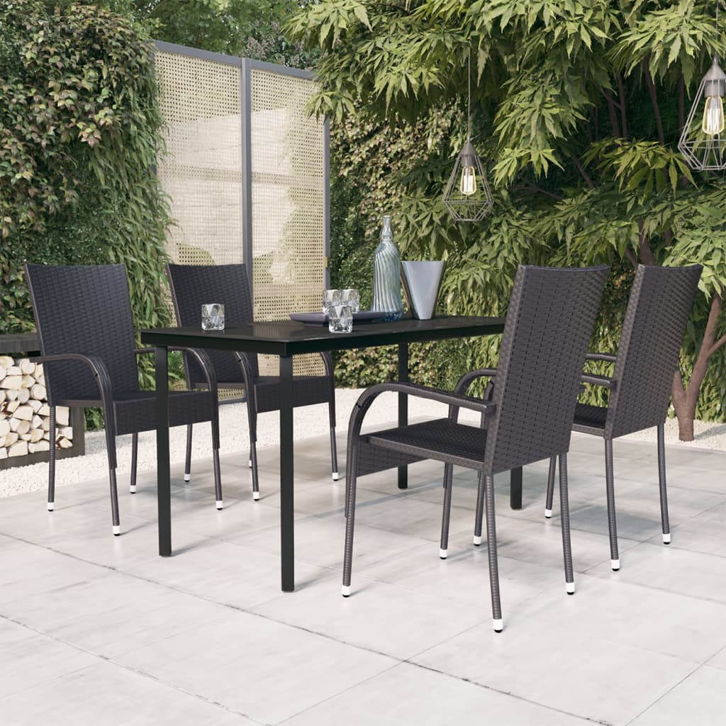 Garden Dining Set Black PE rattan, powder-coated steel, glass