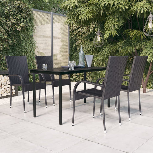 Garden Dining Set Black PE rattan, powder-coated steel, glass