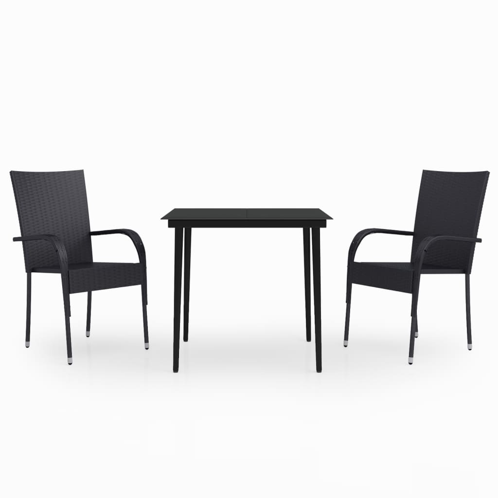 Garden Dining Set Black PE rattan, powder-coated steel, glass