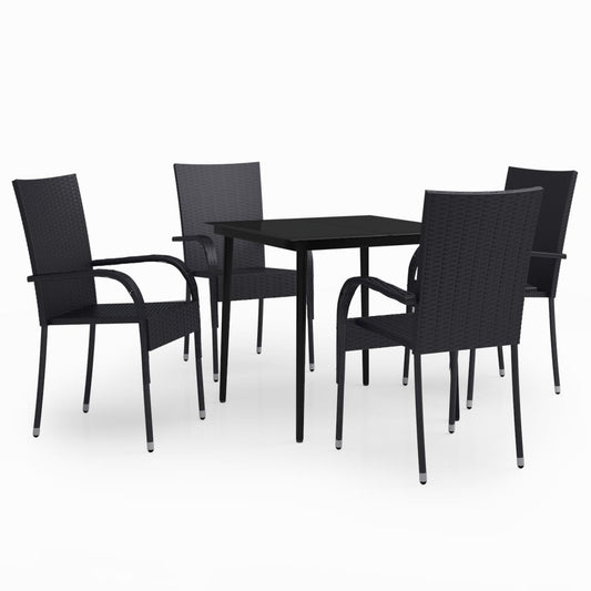 Garden Dining Set Black PE rattan, powder-coated steel, glass