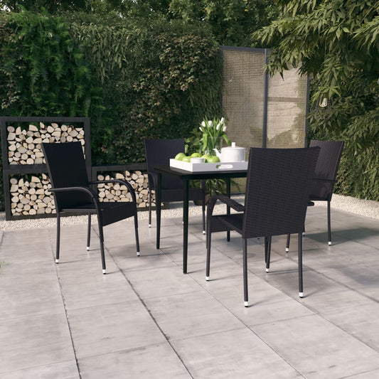 Garden Dining Set Black PE rattan, powder-coated steel, glass