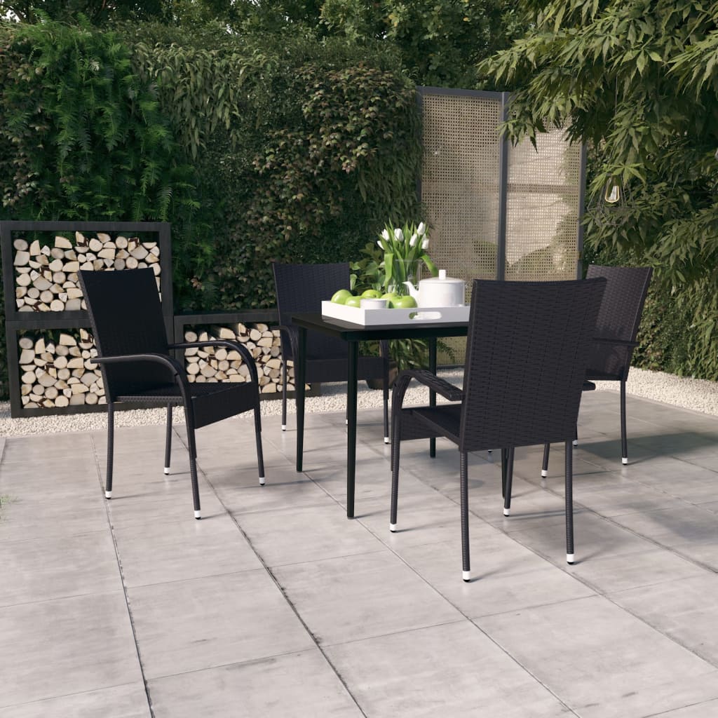 Garden Dining Set Black PE rattan, powder-coated steel, glass