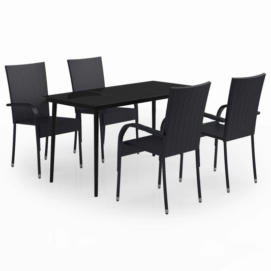 Garden Dining Set Black PE rattan, powder-coated steel, glass