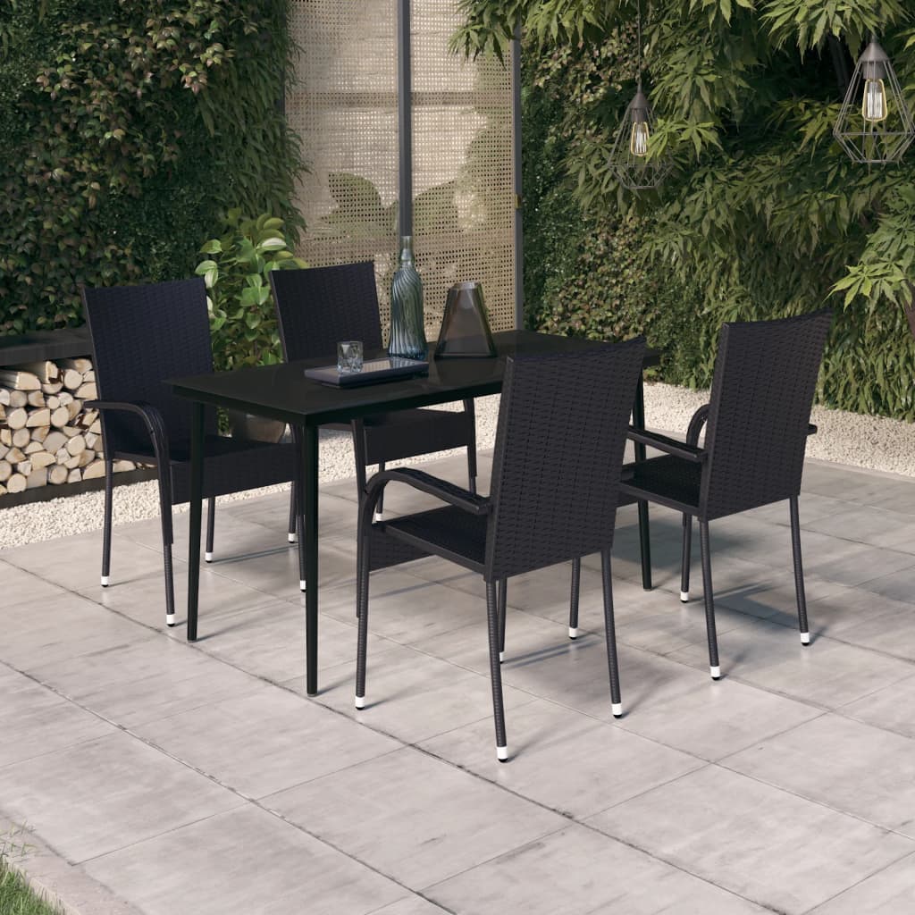Garden Dining Set Black PE rattan, powder-coated steel, glass