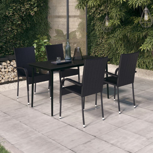 Garden Dining Set Black PE rattan, powder-coated steel, glass