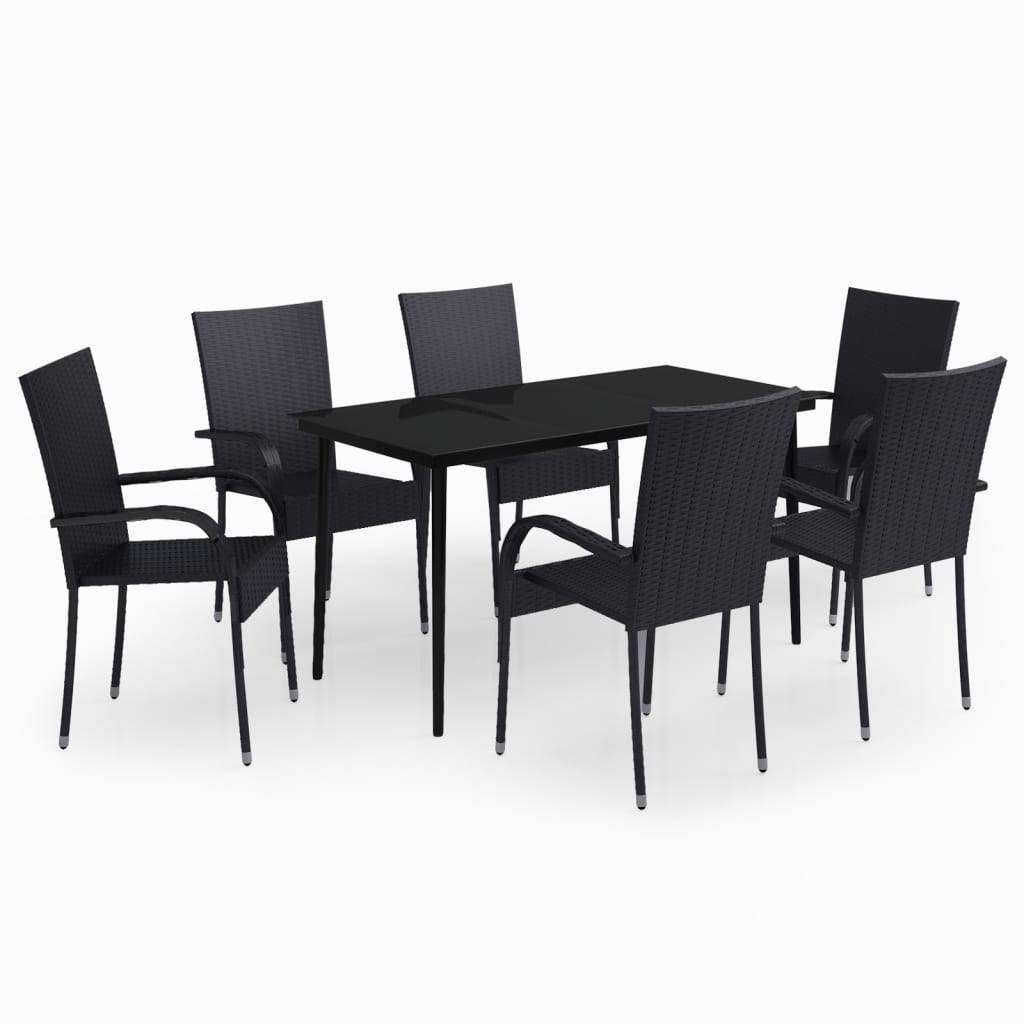 Garden Dining Set Black PE rattan, powder-coated steel, glass