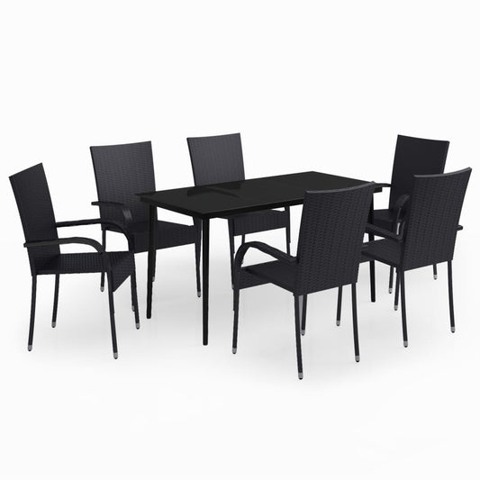Garden Dining Set Black PE rattan, powder-coated steel, glass