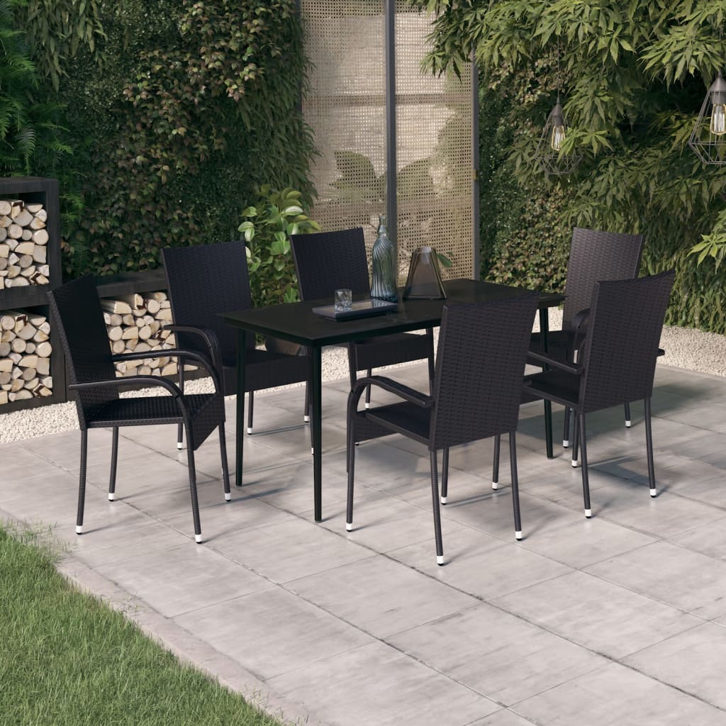 Garden Dining Set Black PE rattan, powder-coated steel, glass