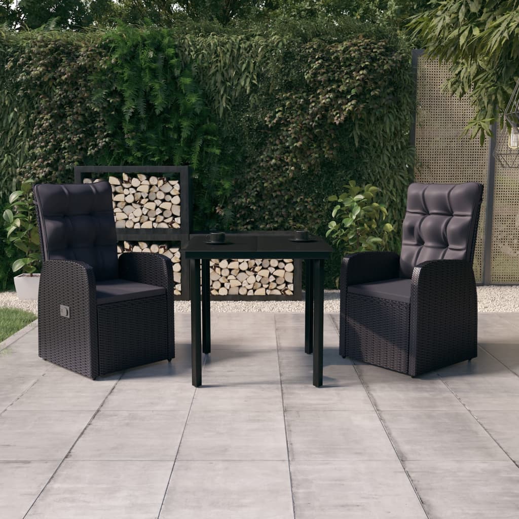 Garden Dining Set Black PE rattan, powder-coated steel, glass