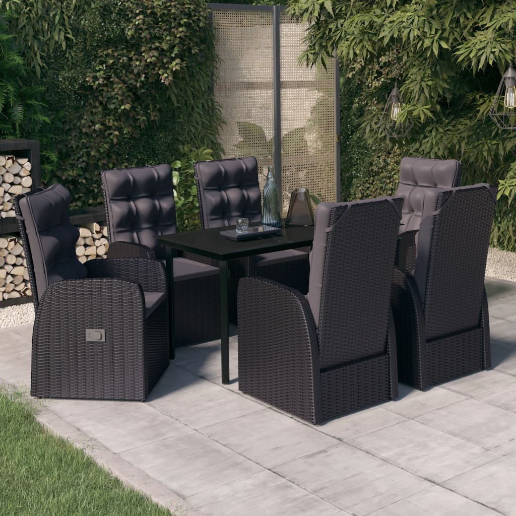 Garden Dining Set Black PE rattan, powder-coated steel, glass