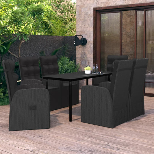 Garden Dining Set Black PE Rattan, Powder-Coated Steel, Glass