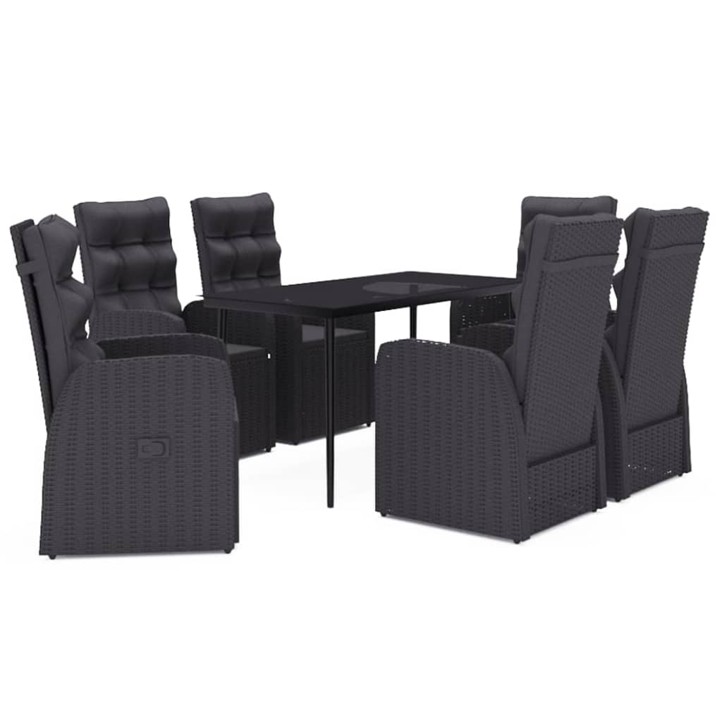 Garden Dining Set Black PE rattan, powder-coated steel, glass